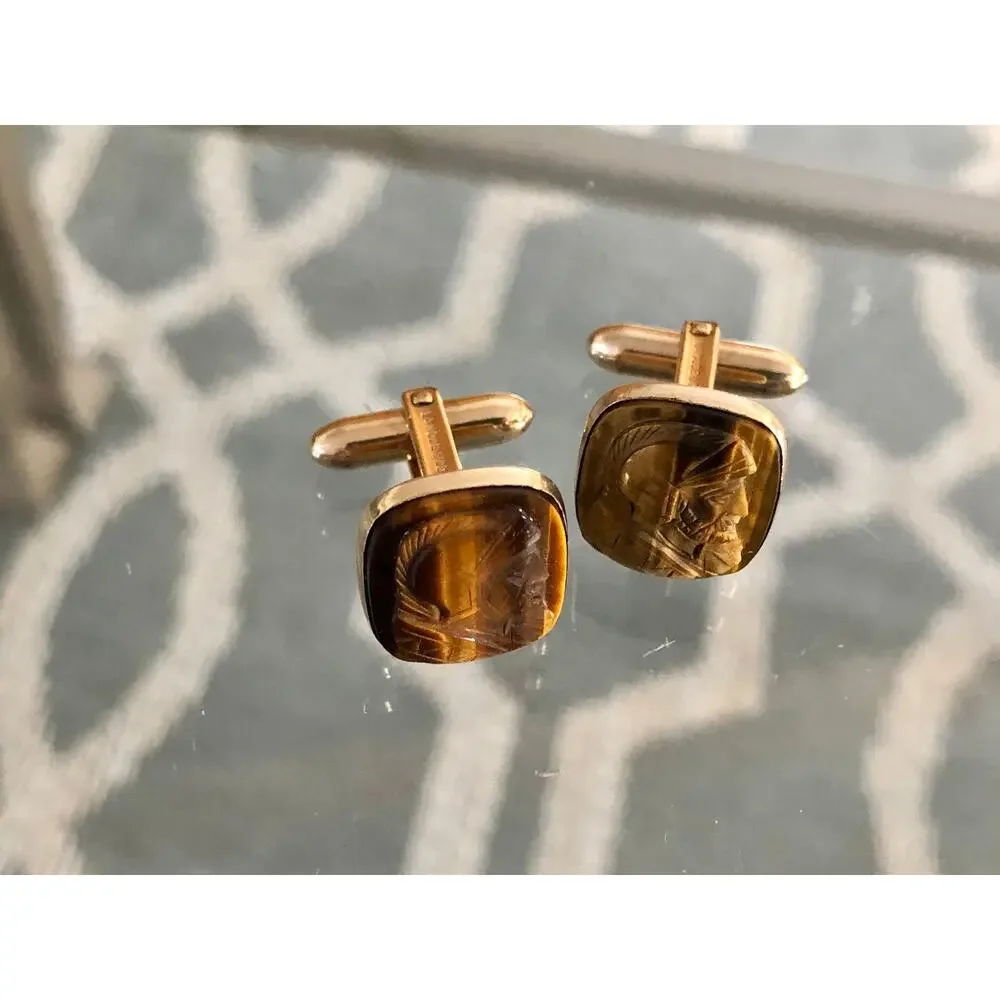 Vintage Lamode 10K Gold Filled, Carved Tigereye Brown Stone Warrior Cufflinks